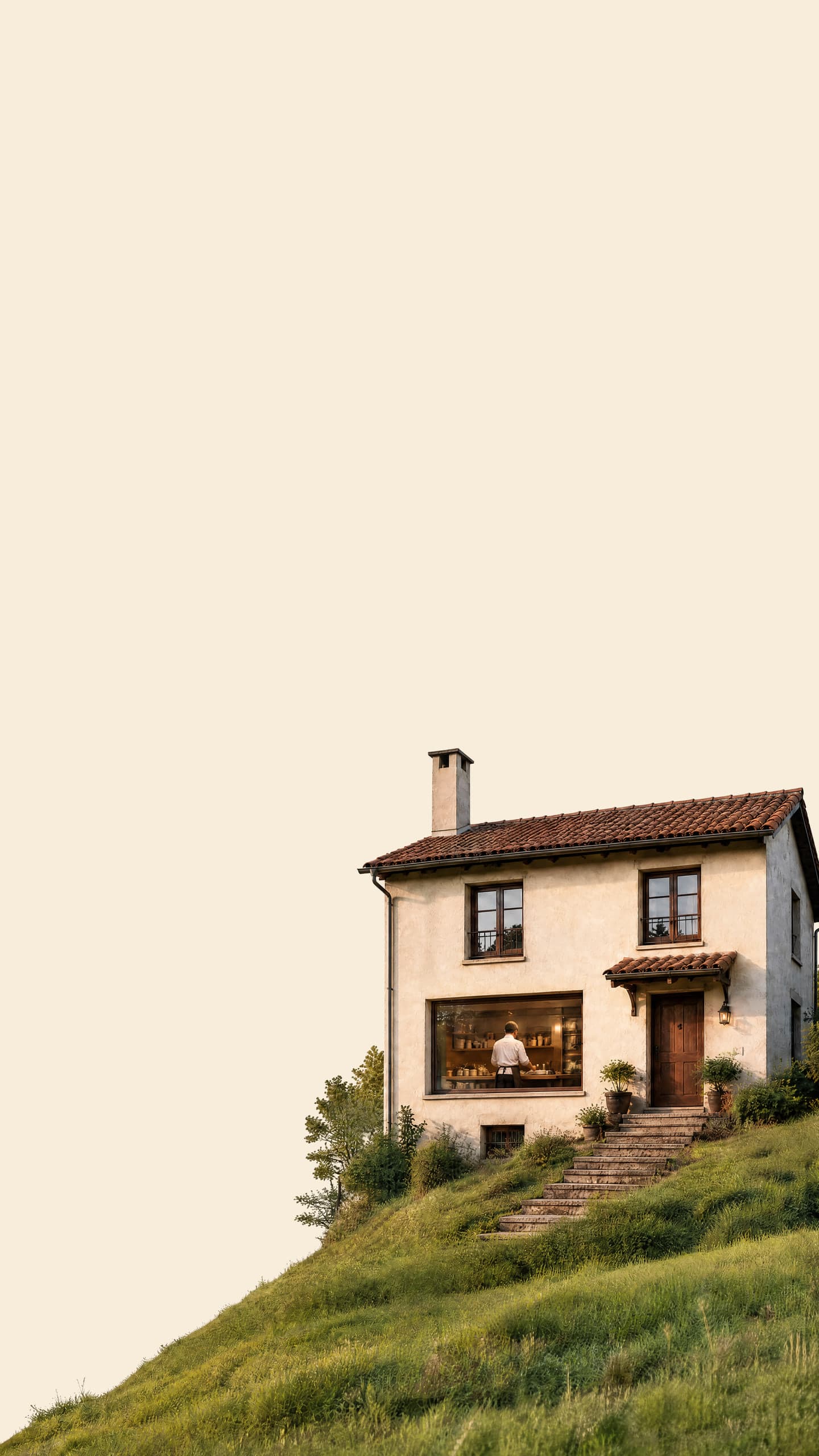 Illustrazione: una casa col tetto di coppi su una collina erbosa della Toscana nella luce del tardo pomeriggio, con una figura col grembiule che cucina dietro la finestra illuminata della cucina.
