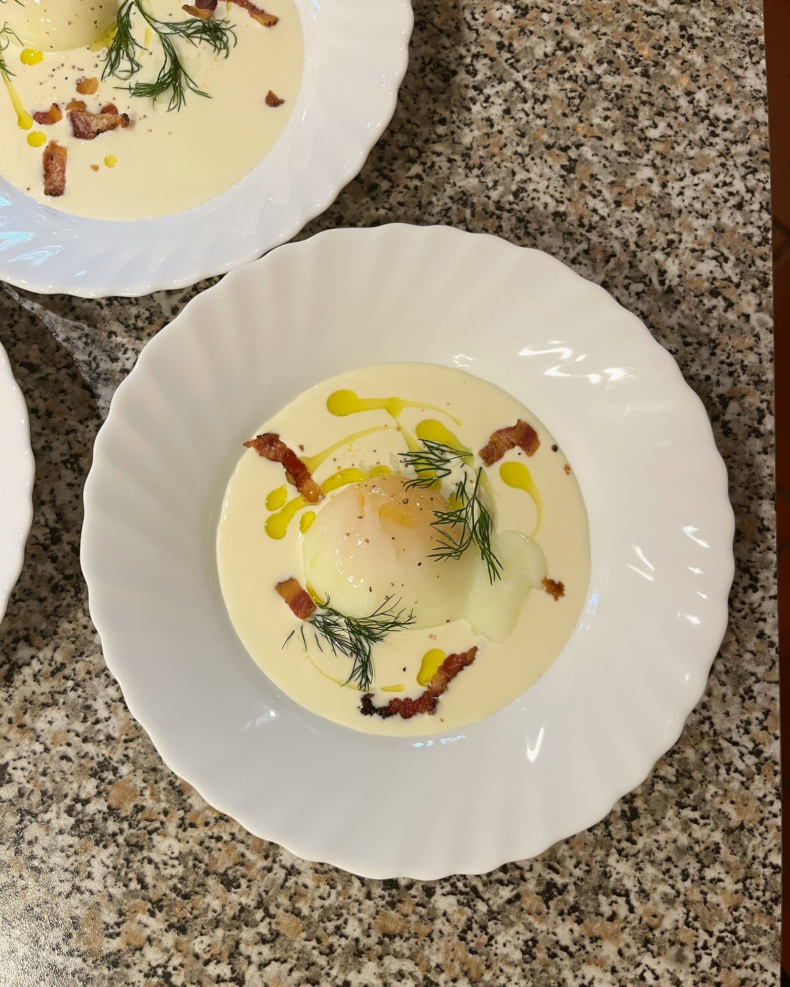 The chef's egg course, plated for a dinner for two.